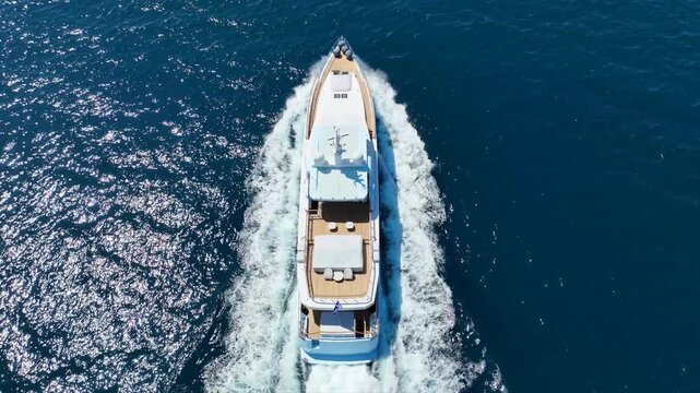 Aerial drone top down cinematic video of beautiful modern super yacht with wooden deck cruising in high speed in Aegean deep blue sea