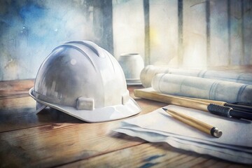 Construction Safety Helmet on a Table with Blueprints, Pens, and Paper in a Light and Airy Workspace for Building Projects