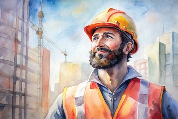 Professional Construction Worker Smiling in Hard Hat and Safety Vest in Urban Environment with Cranes and Skyscrapers in Background