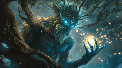 A candid image of a forest spirit weaving glowing threads into the branches of an ancient tree. Spirit Weaving. Illustration