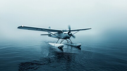 A seaplane gliding over calm waters in a foggy atmosphere, showcasing serenity and adventure.