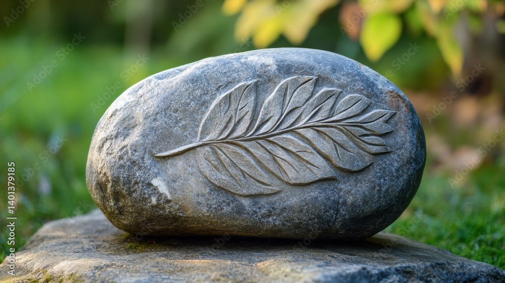 Aufkleber smooth stone with intricate leaf carving creates a serene focal point in a natural outdoor setting s