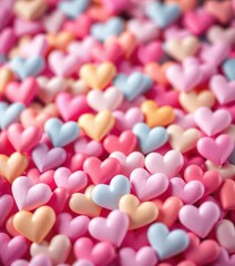 Soft-focus background of many hearts in pastel shades, soft background, whimsical, holiday