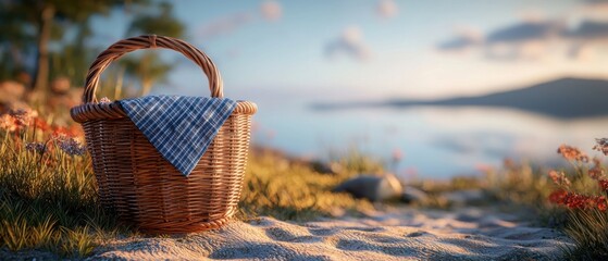 Wicker picnic basket resting on sandy path beside tranquil blue lake
