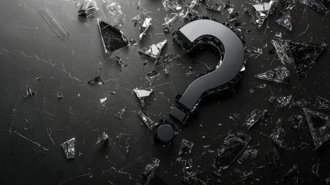 A shattered glass background with a prominent question mark symbolizing uncertainty.