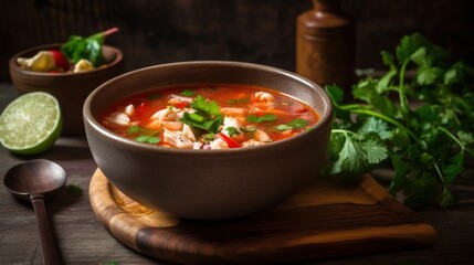 Hearty vegetable soup in rustic bowl delicious food photography