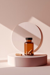 Minimalist Supplement Flat Lay – Pink Background with Geometric Lines, Empty Circle & Vitamin Pills (Copy Space, High-Resolution, Lifestyle Wellness)