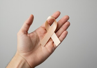 Naklejka premium Close-up of hand holding beige awareness ribbon against light gray background symbolizing support, empathy and advocacy