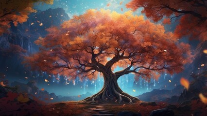 A vibrant, surreal tree with multicolored foliage transitions from orange to green, surrounded by swirling butterflies of various colors