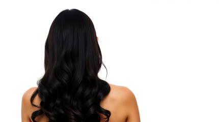 Fototapeta premium Luxurious long black curls cascading down a woman's back against a stark white backdrop.