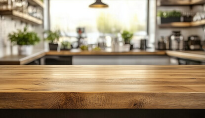 Minimalist Coffee Shop Table Top – Wooden Background with Bokeh Blur – Panoramic Banner for Product Display, Copy Space, Café Aesthetic Template