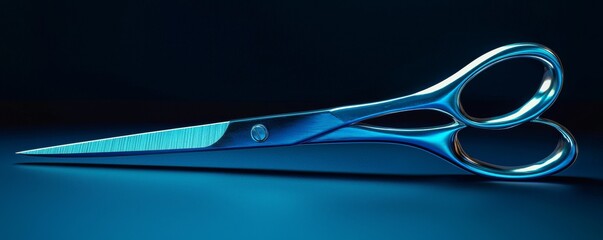 A sleek pair of blue scissors on a dark background, ideal for creative projects.