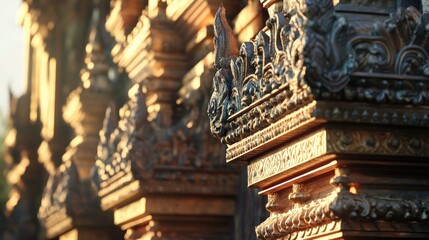 Fototapeta premium A close-up view of the ornate temple architecture, with sunlight highlighting every intricate detail