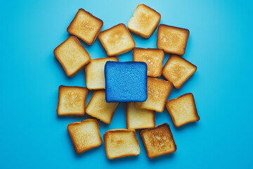 Conceptual Toast Art - Pile of Charred Bread with Single Acrylic Blue Slice on Light Blue Background, Minimalist Flat Lay with Copy Space for Food Branding
