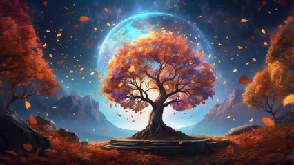 A vibrant, surreal tree with multicolored foliage transitions from orange to green, surrounded by swirling butterflies of various colors