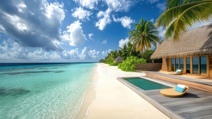 Fototapeta premium Tropical beach resort with clear waters and palm trees under bright blue sky at midday
