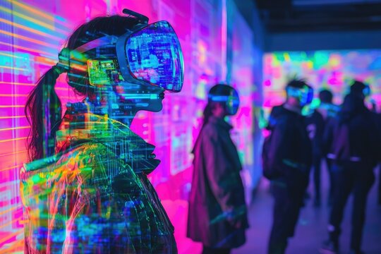 A woman wearing a VR headset experiences a vibrant, digital cityscape overlayed on a neon-lit environment.