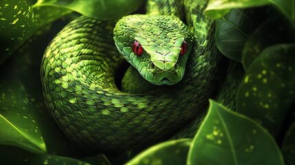 Fototapeta premium Green snake with red eyes coiled in tropical leaves, wild reptile in jungle environment with vivid natural details and texture