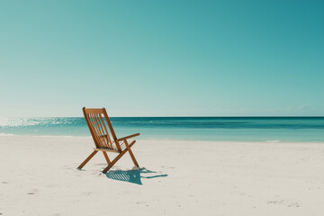 Beach Chair on White Sand – Tropical Paradise Banner with Copy Space – Clear Blue Water & Sky – Vacation & Travel Marketing