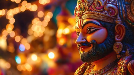 Obraz premium A close-up of an intricately carved Dussehra effigy, set against a bright and festive background of lights and decorations