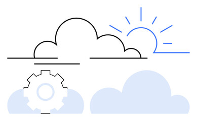 Gears integrated into clouds beneath a rising sun outline. Ideal for cloud computing, innovation, progress, data management, technology, energy, sustainability. Simple flat metaphor