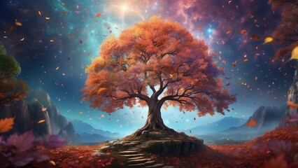 A vibrant, surreal tree with multicolored foliage transitions from orange to green, surrounded by swirling butterflies of various colors