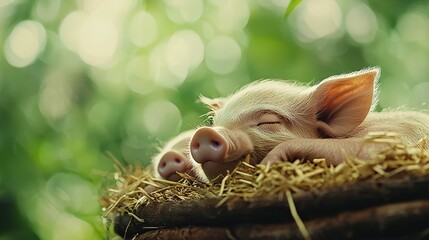 Obraz premium A pig is asleep on a hay stack on top of another hay stack on top of yet another hay stack