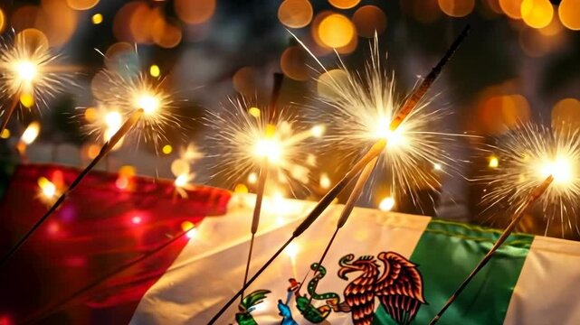 Vibrant mexican flag celebration with glowing sparklers in festive atmosphere. Independence Day of Mexico