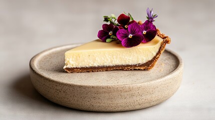  A plate holds a single slice of cheesecake topped with a purple flower