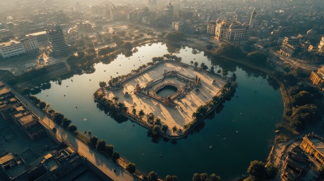 A birda??s-eye view of Bada Talab surrounded by urban landscapes, highlighting harmony
