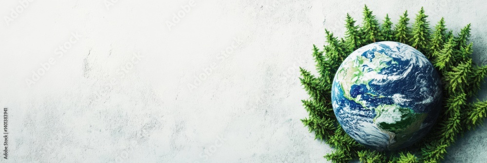 Poster minimal earth outline surrounded by miniature trees highlighting sustainable design and environmenta
