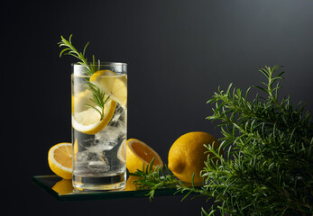 Refreshing drink with ice, lemon slices, and rosemary.