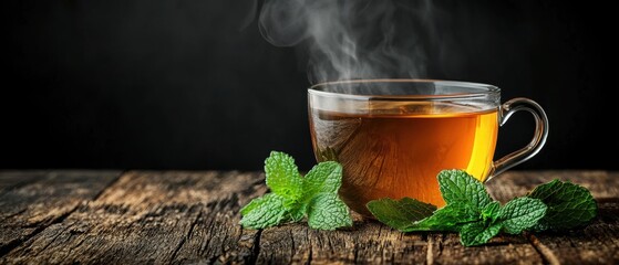 Steaming herbal tea cup on rustic wooden table with mint garnish