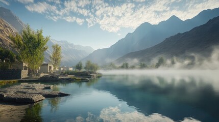 Naklejka premium . A tranquil morning scene at Bada Talab with mist rising from the water