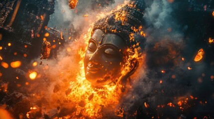 Naklejka premium . A serene image of a burning effigy during Dussera, symbolizing the victory of good over evil