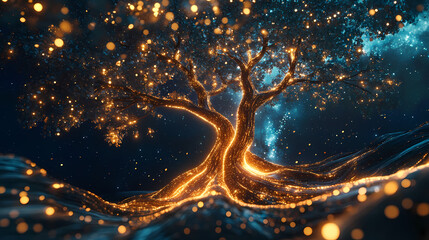 An elegant digital tree glows in a serene night scene, its bright branches and roots intertwining with light, creating a peaceful aura against a starlit cosmic backdrop. Starlit Weave. Illustration