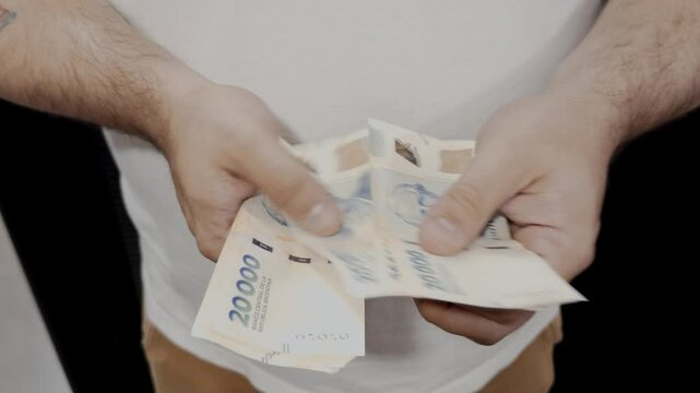 hands counting the new argentine banknotes of 20000 pesos, symbol for Argentina's inflation	