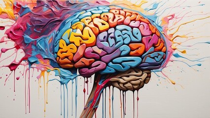 A colorful, abstract illustration of a human brain against a dark blue background
