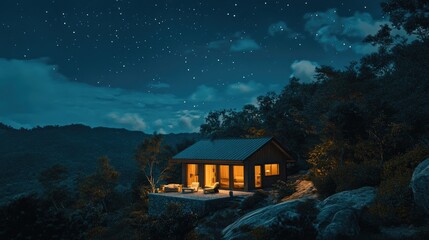 . A detailed sketch of a cozy cabin in the woods under a clear night sky