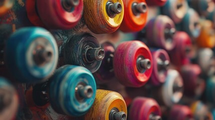 . A detailed shot of skateboard wheels on a colorful surface, focusing on design
