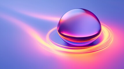 A vibrant, glowing orb surrounded by colorful light trails on a smooth surface.