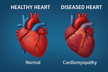 Detailed visual representation of a healthy heart on the left and a diseased heart affected by cardiomyopathy on the right, highlighting structural differences