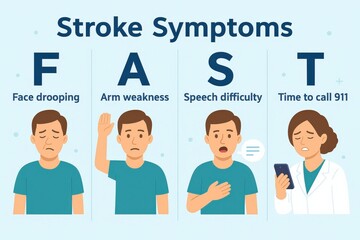 Visual guide highlights the key symptoms of stroke: face drooping, arm weakness, speech difficulty, and the importance of immediate contact with emergency services