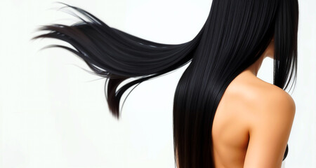 Naklejka premium The silken cascade of raven hair, flowing freely against a bright, clean background, showcasing its lustrous, healthy shine.