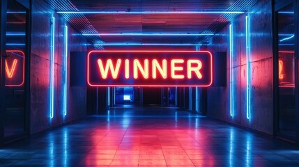 A neon sign reading "WINNER" illuminates a dark corridor, creating a vibrant atmosphere with blue and pink lighting.