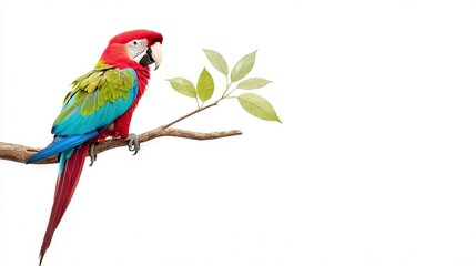 Obraz premium A vibrant parrot perched on a verdant branch, set against a white backdrop