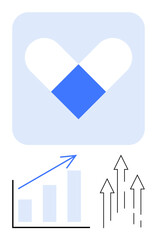 Capsule-shaped heart, upward bar graph, and arrows denote healthcare growth. Ideal for health innovation, wellness improvement, medical progress, pharmaceutical success, strategy, financial growth