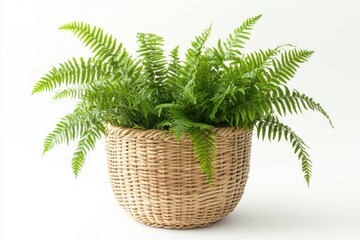 A fern plant in a basket isolated on white background