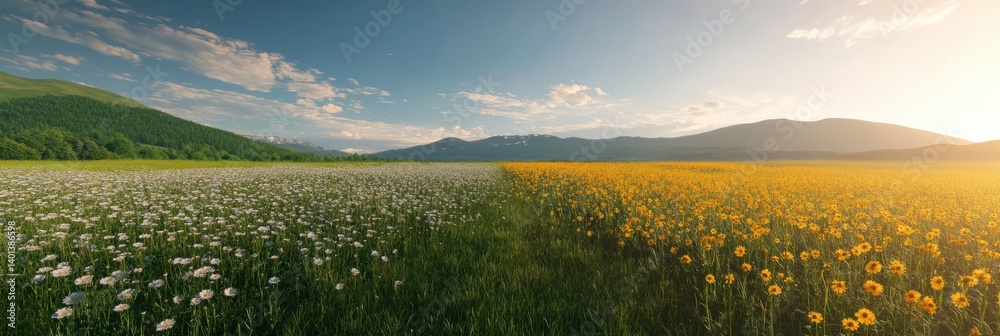 Aufkleber Gradient sky merges into a wildflower meadow creating a surreal natural transition at golden hour in a tranquil landscape