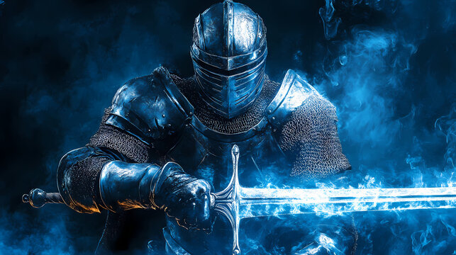 Armored warrior with glowing sword and blue mist. Darkstar Gauntlet. Illustration
